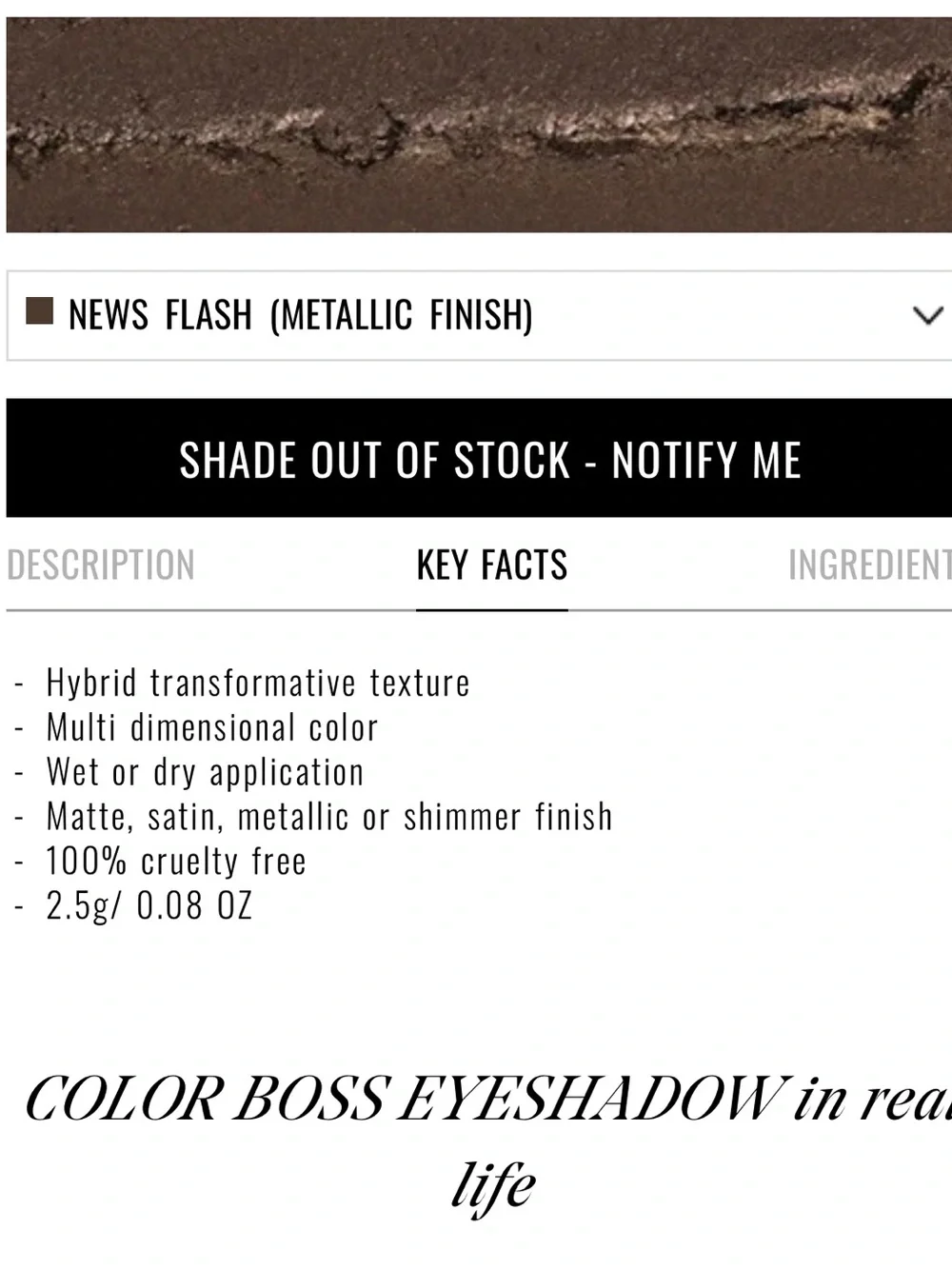 IL MAKIAGE Color Boss Single Eyeshadow  in “News Flash” NIB